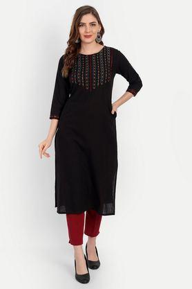 embroidered rayon round neck women's casual wear kurti - black