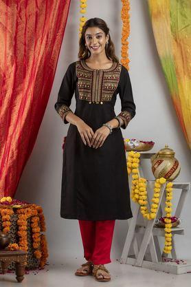 embroidered rayon round neck women's casual wear kurti - black