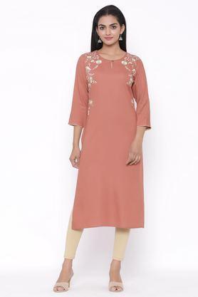 embroidered rayon round neck women's casual wear kurti - dusty rose
