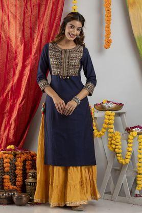 embroidered rayon round neck women's casual wear kurti - navy