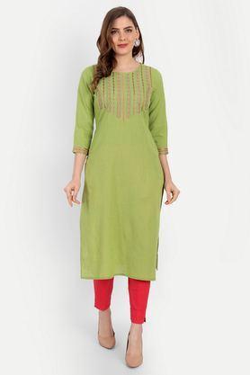 embroidered rayon round neck women's casual wear kurti - pista green