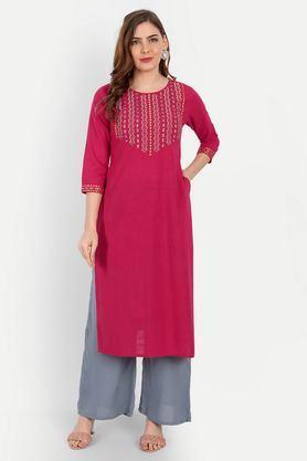 embroidered rayon round neck women's casual wear kurti - red