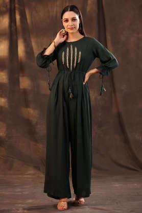 embroidered rayon round neck women's jumpsuit - green
