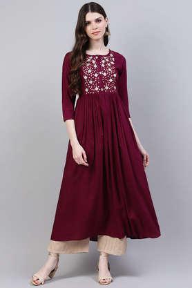 embroidered rayon round neck women's kurta - wine