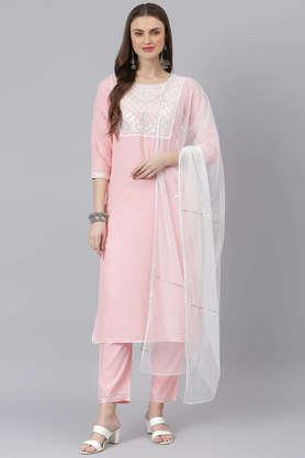 embroidered rayon round neck women's kurta pant dupatta set - pink