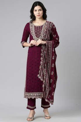 embroidered rayon round neck women's kurta pant dupatta set - purple