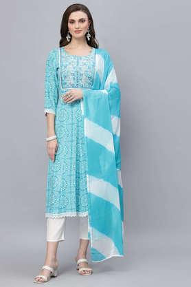 embroidered rayon round neck women's kurta pant dupatta set - turquoise