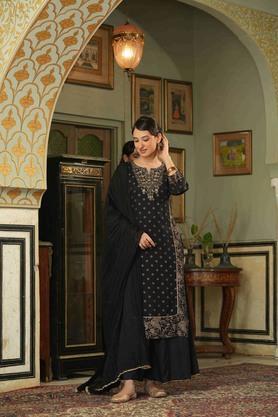 embroidered rayon round neck women's kurta trouser dupatta set - black