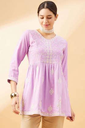 embroidered rayon round neck women's top - lavender