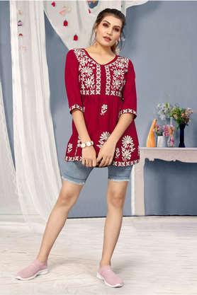 embroidered rayon round neck women's top - red