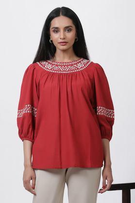 embroidered rayon round neck women's top - red