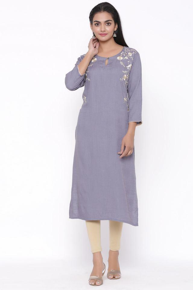 embroidered rayon round neck womens casual wear kurti