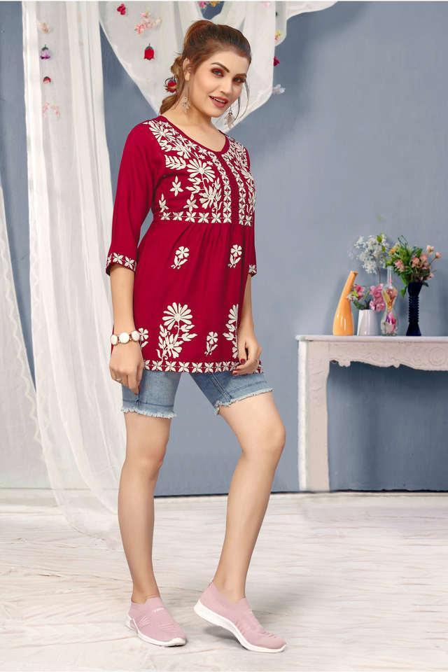 embroidered rayon round neck womens top