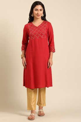 embroidered rayon v-neck women's casual wear kurta - red