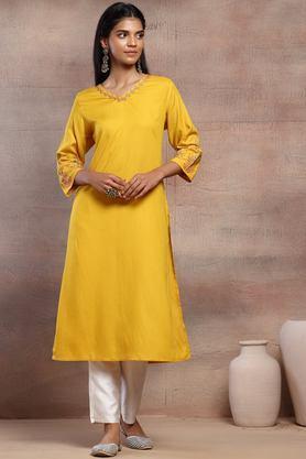 embroidered rayon v-neck women's casual wear kurta - yellow