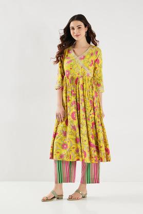 embroidered rayon v-neck women's casual wear kurta - yellow