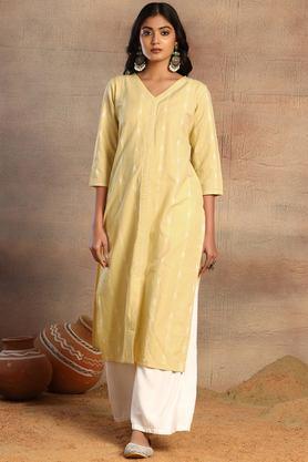 embroidered rayon v-neck women's casual wear kurta - yellow