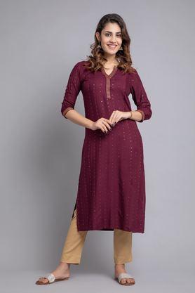 embroidered rayon v-neck women's casual wear kurti - wine