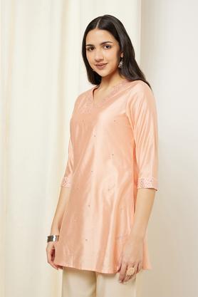 embroidered rayon v neck women's tunic - peach