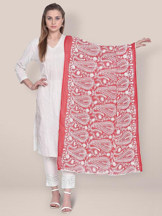 embroidered red & white chiffon dupatta