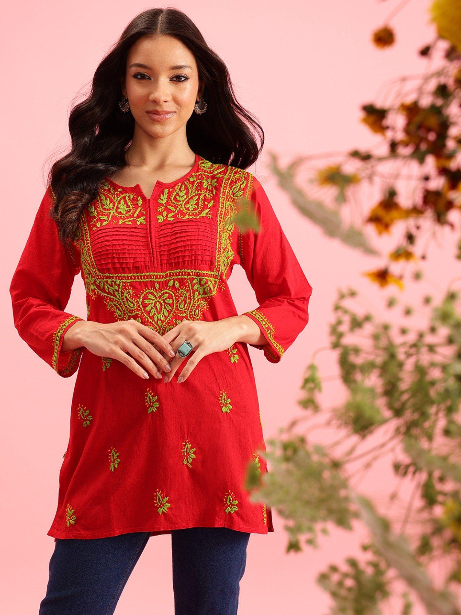 embroidered red cotton lucknow chikankari tunic (xs) (a226823)