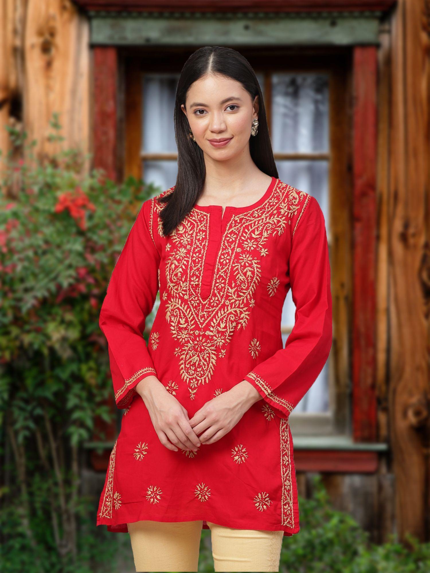 embroidered red cotton lucknow chikankari tunic (xs) (a250381)