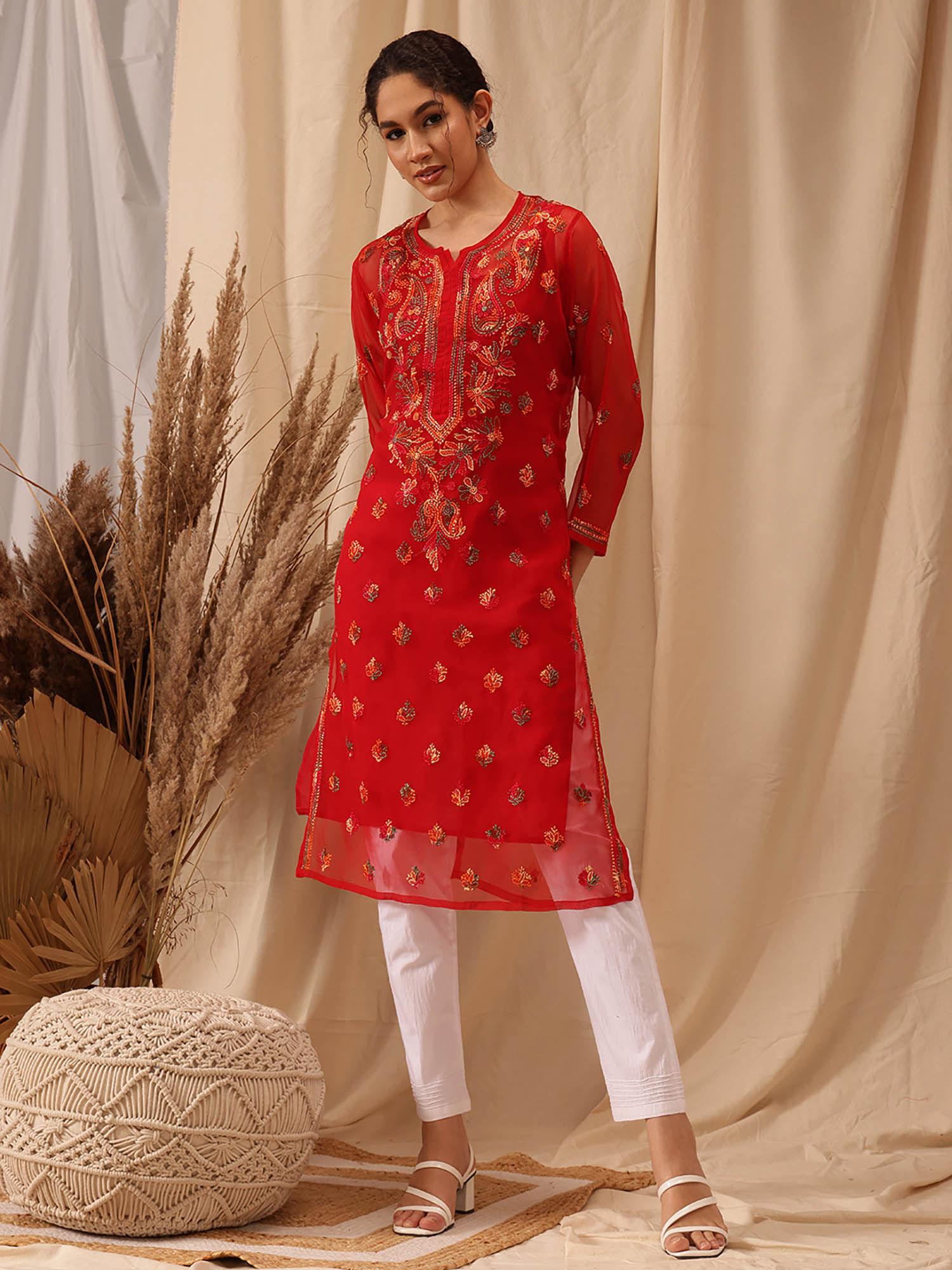 embroidered red georgette lucknow chikan kurta with slip (set of 2) (xs) (a411155)