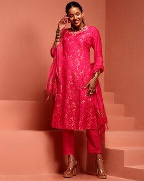 embroidered regular fit a-line kurta pants & dupatta set