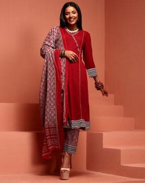 embroidered regular fit a-line kurta pants & dupatta set