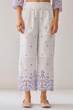 embroidered regular fit cotton women's active wear trousers - white