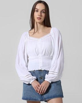 embroidered regular fit crop top with full-length sleeves