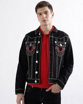 embroidered regular fit denim jacket with flap pockets