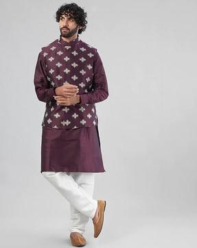 embroidered regular fit kurta with churidar pants & bundi jacket