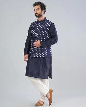 embroidered regular fit kurta with churidar pants & bundi jacket