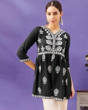embroidered regular fit top with v-neck