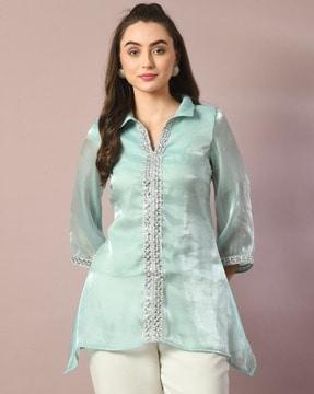 embroidered regular fit tunic with collar neck