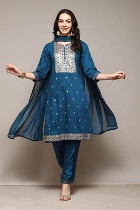 embroidered regular polyester woven women's kurta pant dupatta set - peacock