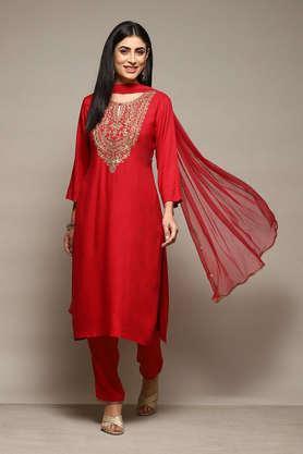 embroidered regular rayon woven women's kurta pant dupatta set - coral rose