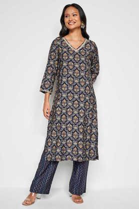 embroidered regular viscose women's kurta pant set - navy