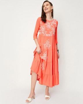 embroidered round-neck a-line dress