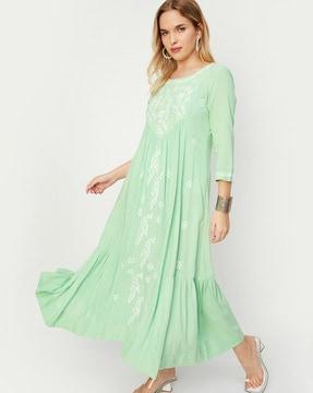 embroidered round-neck a-line dress