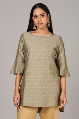 embroidered round neck a-line fit women's kurta - grey