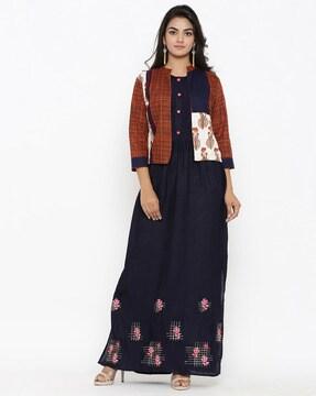 embroidered round-neck a-line kurta with jacket