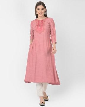 embroidered round-neck a-line kurta