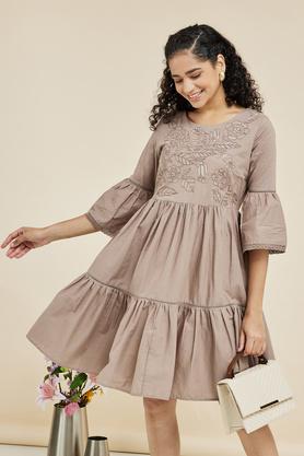 embroidered round neck cotton blend women's knee length dress - mouse