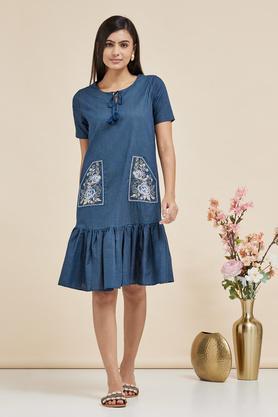 embroidered round neck cotton blend women's knee length dress - navy