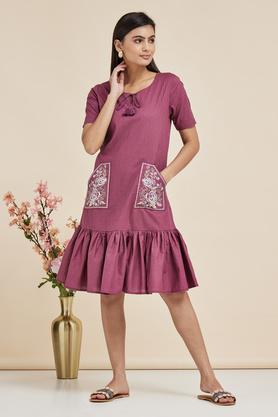 embroidered round neck cotton blend women's knee length dress - purple