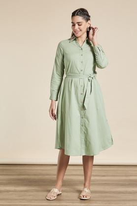 embroidered round neck cotton blend women's midi dress - green