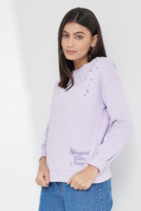 embroidered round neck cotton blend women's sweatshirt - lilac