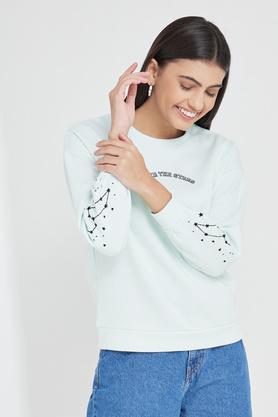 embroidered round neck cotton blend women's sweatshirt - mint